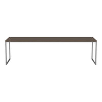 Brown wooden tabletop with a smooth finish and sleek black metal legs, featuring a minimalist design.