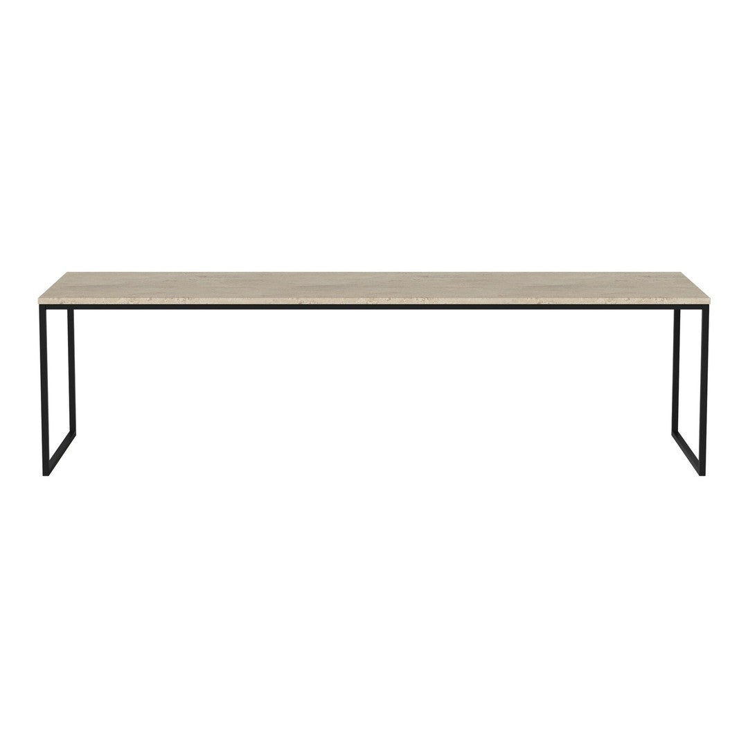 Light wood tabletop with natural grain pattern, paired with sleek black metal legs for a modern look.