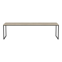 Light wood tabletop with natural grain pattern, paired with sleek black metal legs for a modern look.