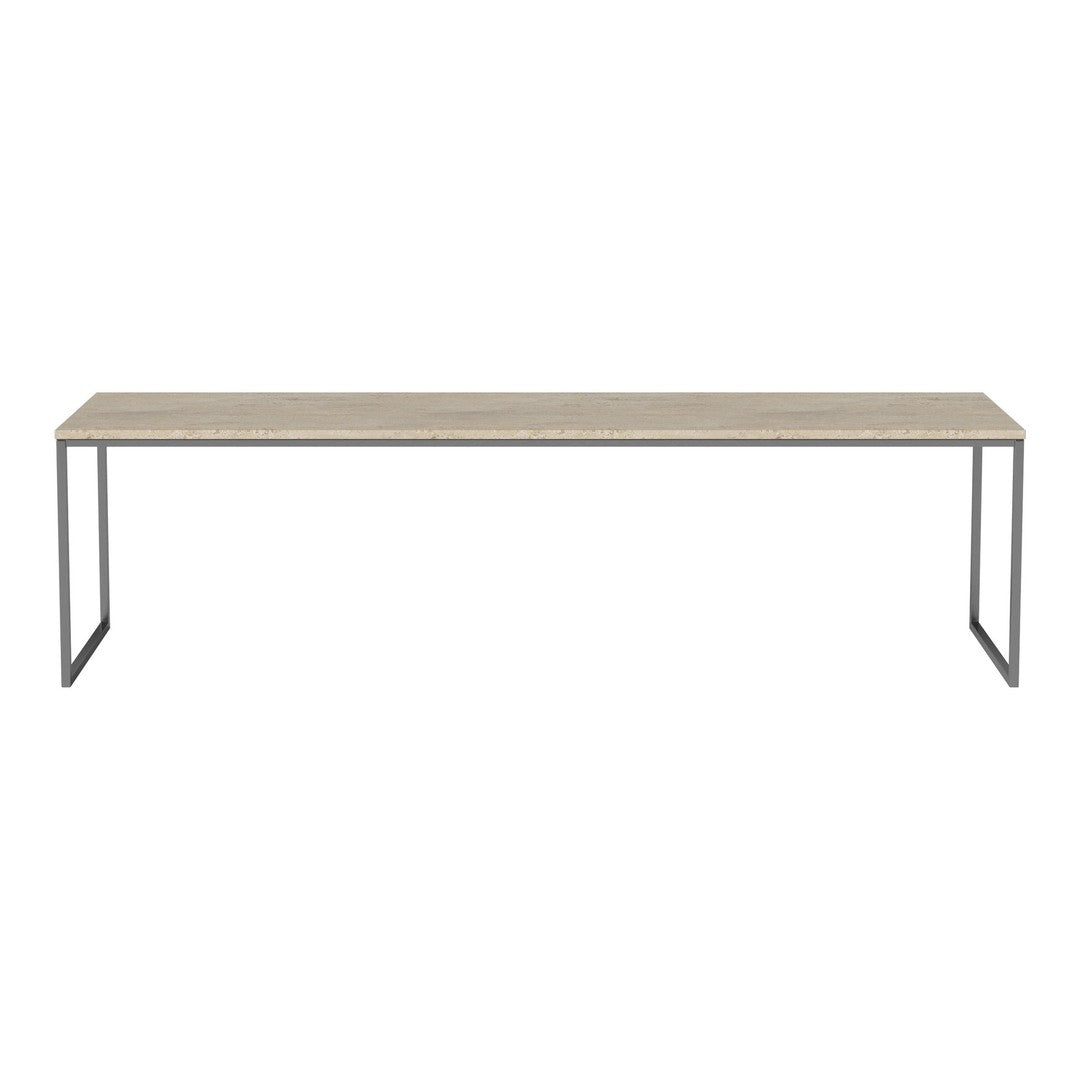 "Light wood table with sleek gray metal legs, featuring a minimalist design and smooth surface."