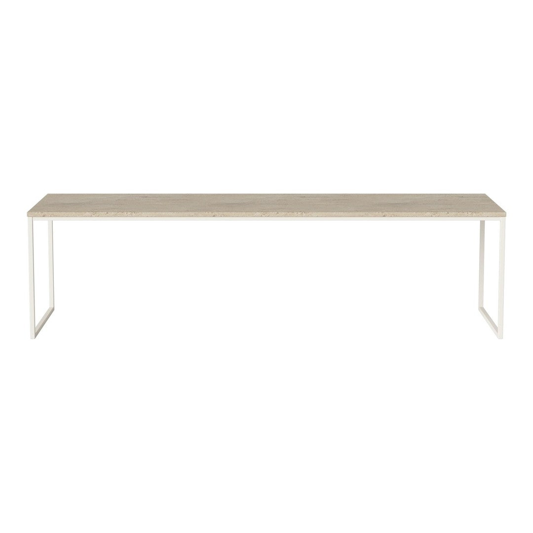 Light wood tabletop with a smooth finish, paired with sleek white metal legs for a modern, minimalist look.