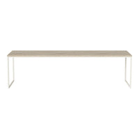 Light wood tabletop with a smooth finish, paired with sleek white metal legs for a modern, minimalist look.