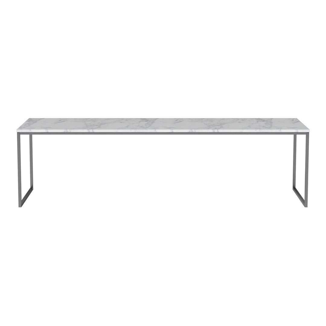Sleek gray marble tabletop with subtle veining and minimalist black metal legs, ideal for modern decor settings.