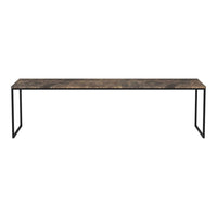 "Rustic brown wood tabletop with black metal legs, minimalist design, showcasing natural wood patterns."