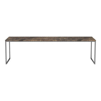 "Long rectangular table with a dark wood grain finish and sleek black metal legs."