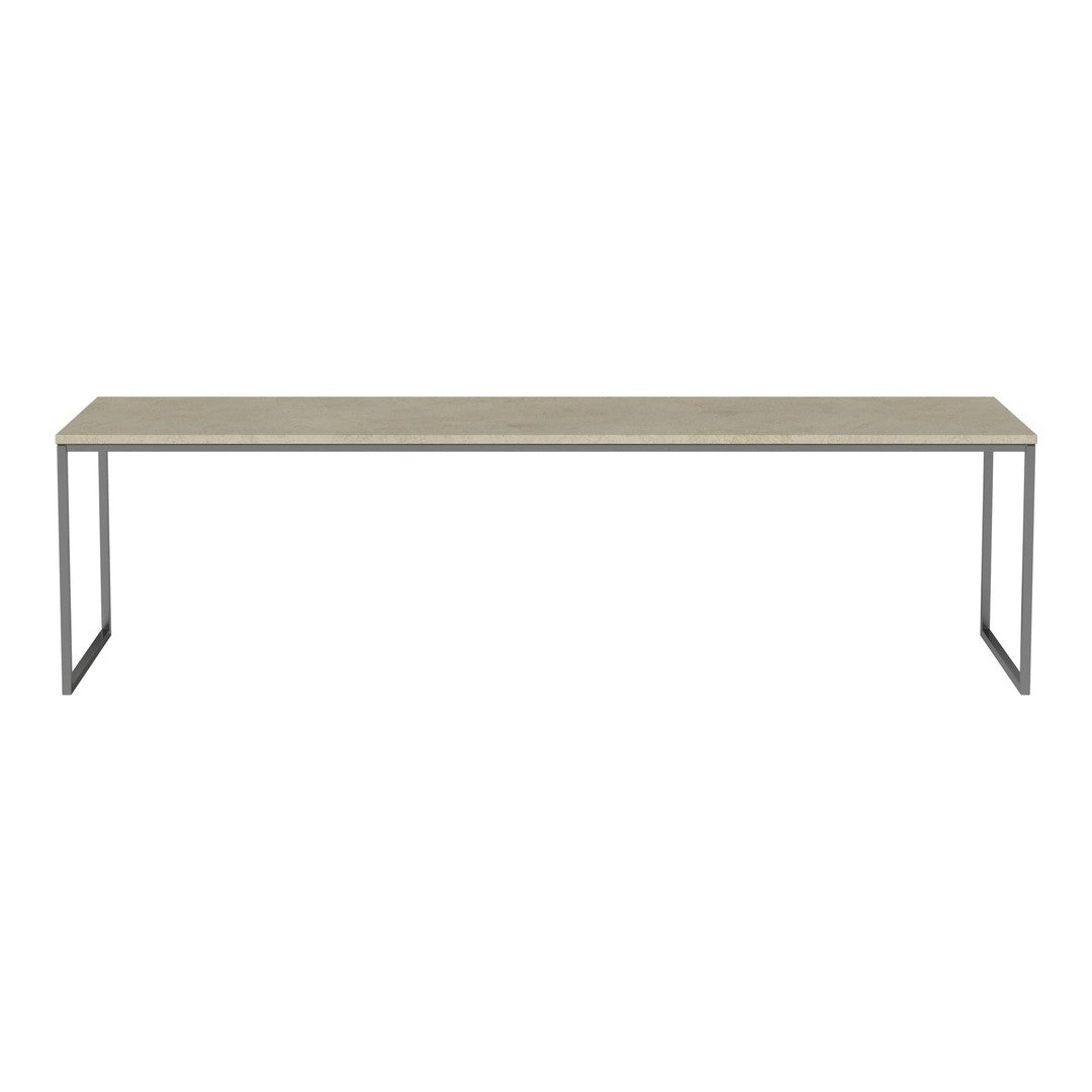 Light wood tabletop with a subtle grain pattern, supported by sleek black metal legs.