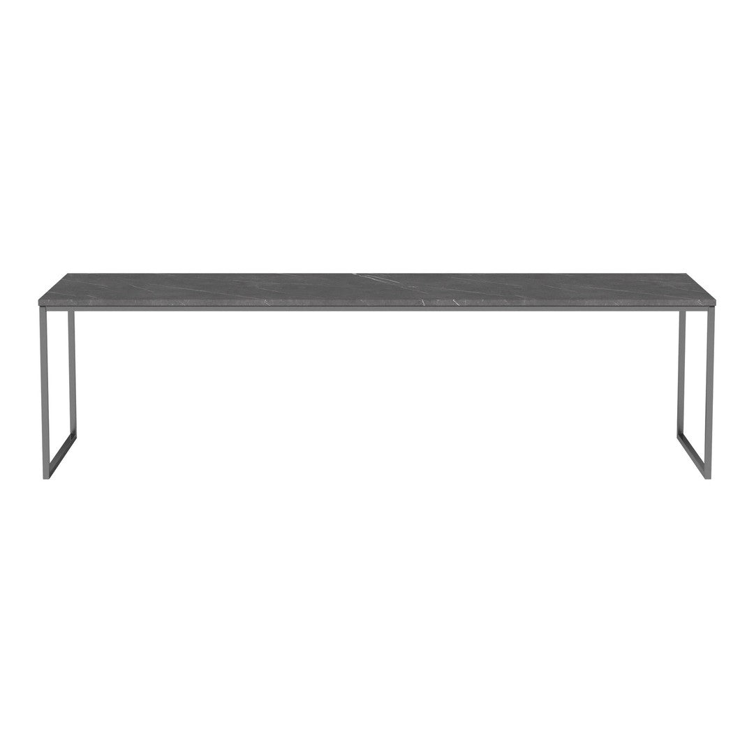 Gray console table with a sleek, minimalistic design and a smooth surface, supported by a simple metal frame.
