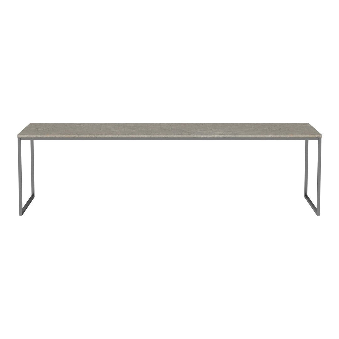Modern gray tabletop with a sleek, minimalist black metal frame, perfect for contemporary decor.