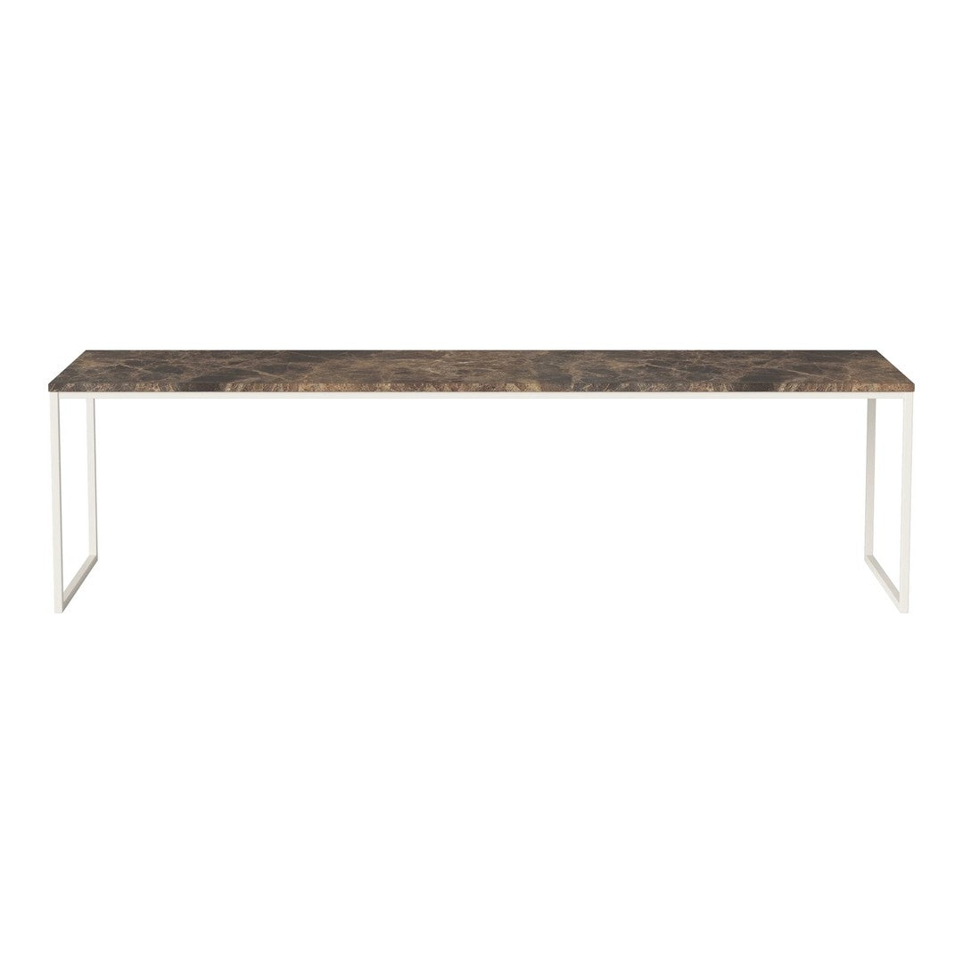 Long rectangular table with a marbled brown surface and sleek white metal legs. Ideal for modern decor.