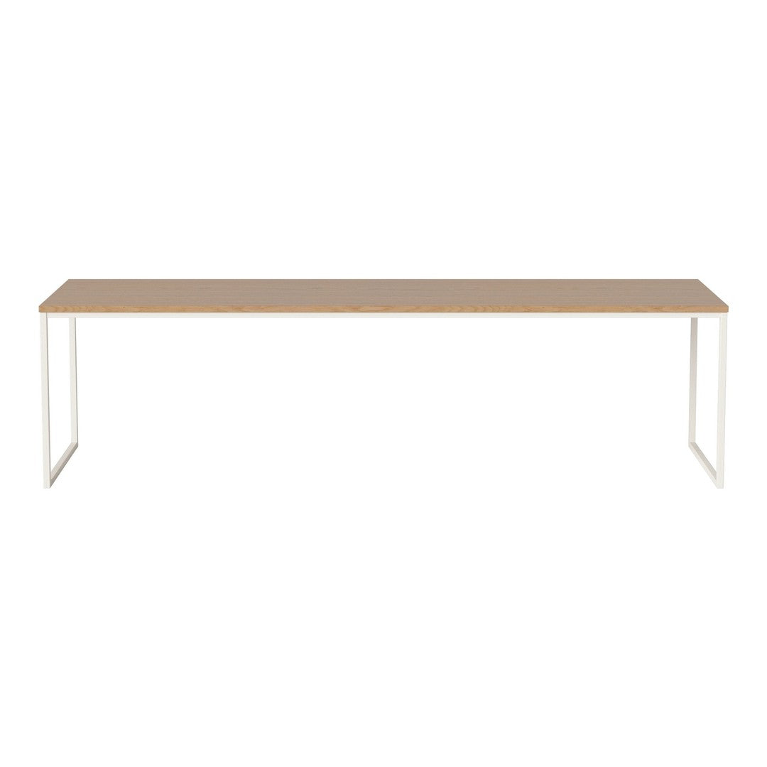 Wooden tabletop in natural beige with sleek white metal legs, showcasing a minimalist design. Perfect for modern decor.