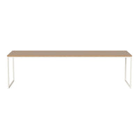 Wooden tabletop in natural beige with sleek white metal legs, showcasing a minimalist design. Perfect for modern decor.