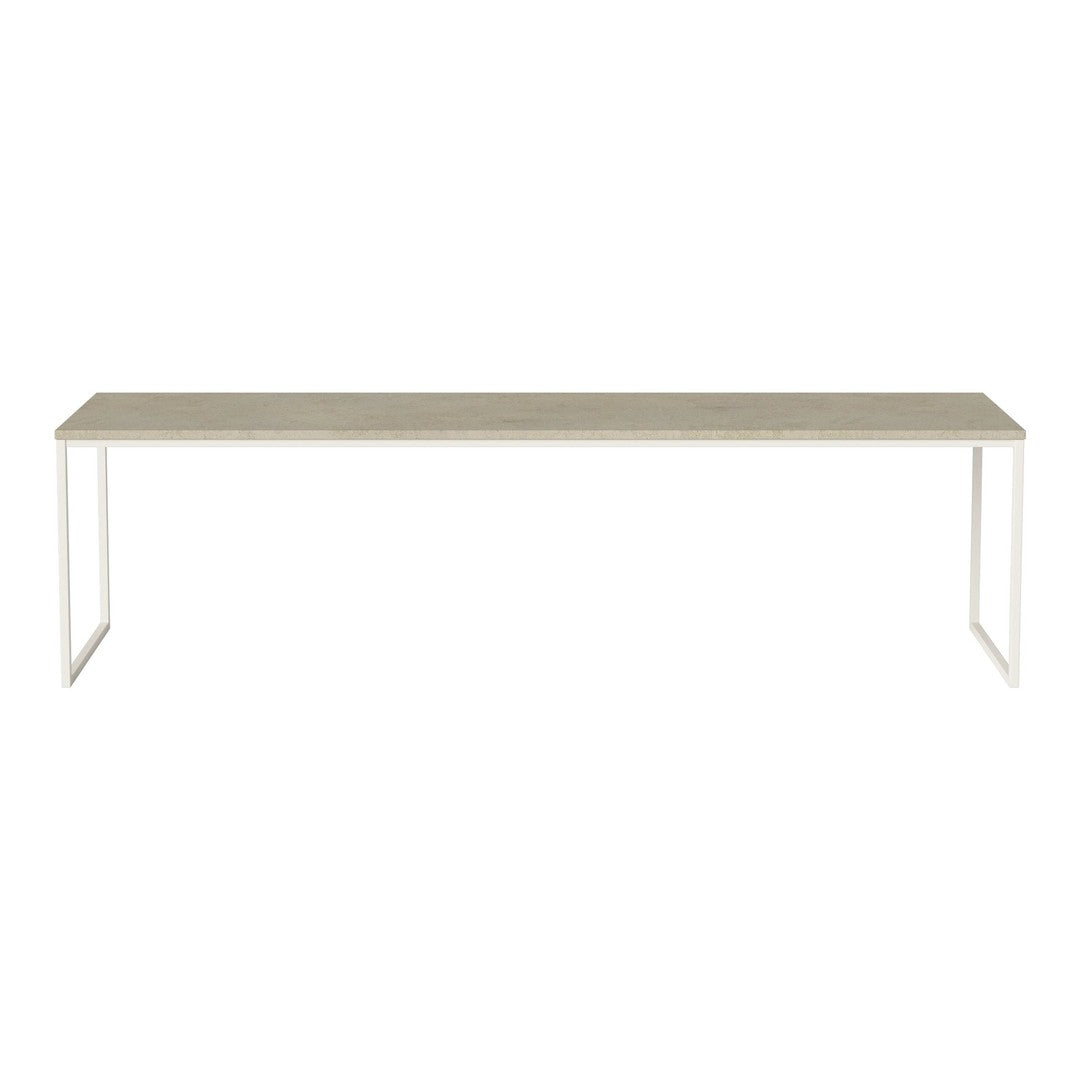 Minimalist white table with a light gray wooden top and sleek metal legs, perfect for modern decor.