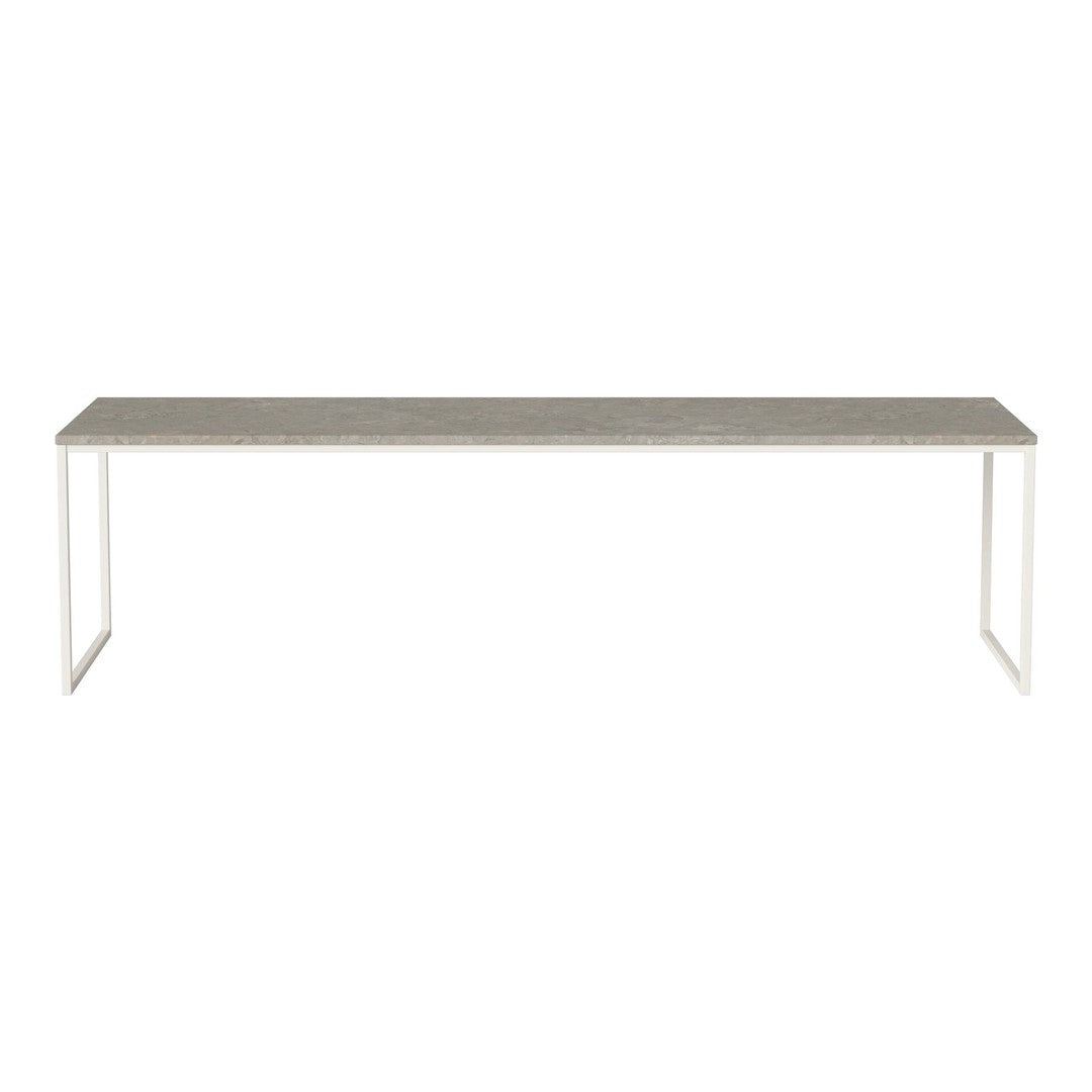 Stylish gray rectangular tabletop with a sleek white metal frame, perfect for modern decor.