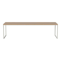 Light wood tabletop with a smooth finish and sleek silver metal legs, minimalist design perfect for modern decor.