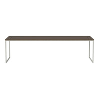 Long brown tabletop with sleek silver legs, featuring a minimalist design for modern decor.