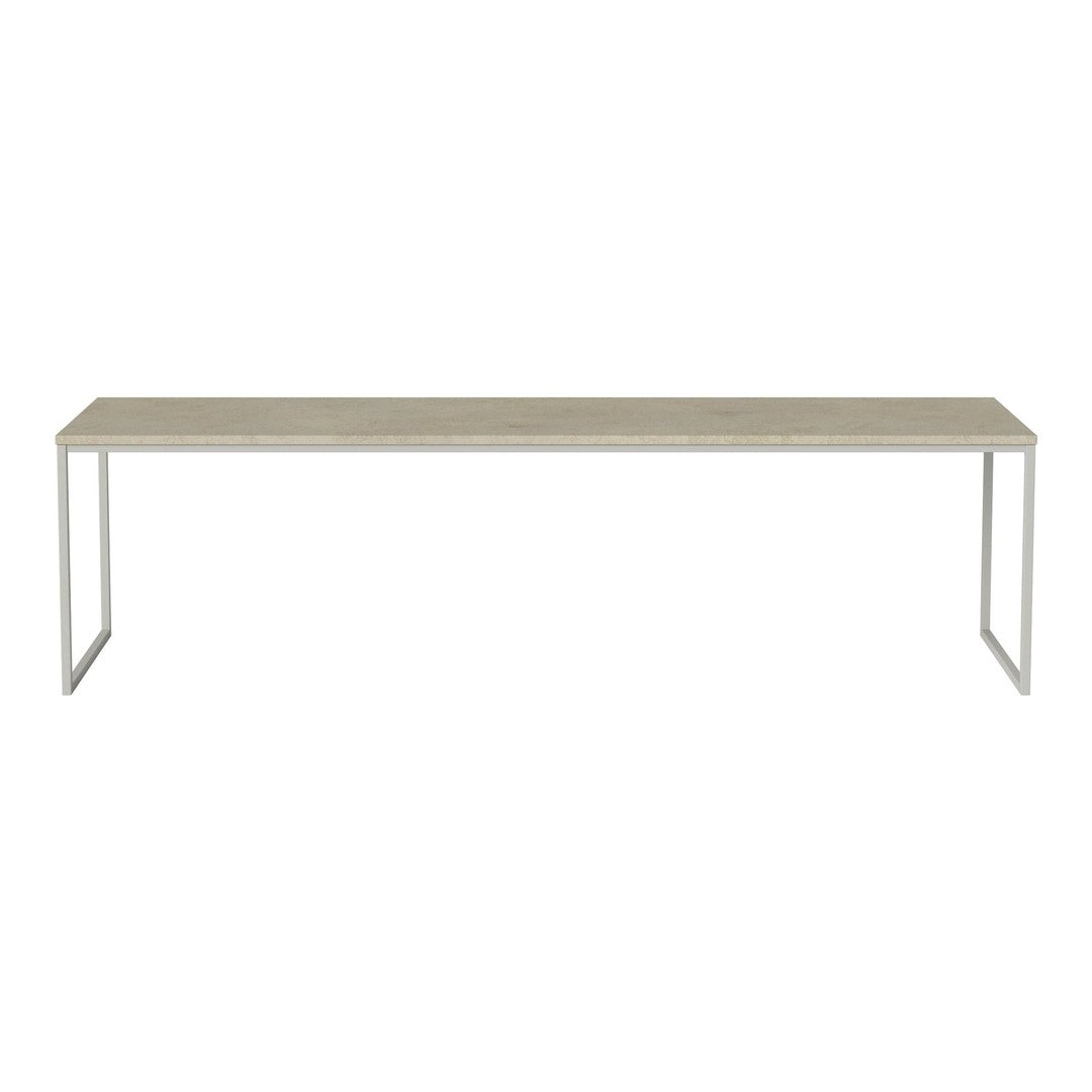 Sleek, modern console table in light beige finish with a simple, patterned surface and minimalist metal frame.