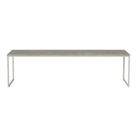 Gray rectangular table with a smooth surface and minimalist metal legs, ideal for modern decor.