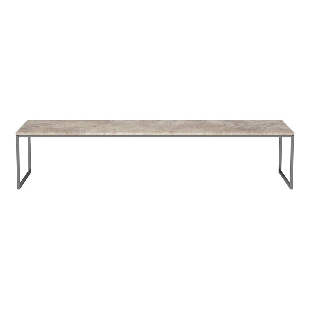 Long rectangular table with a light gray marble top and sleek metal legs in a modern design. Ideal for contemporary decor.