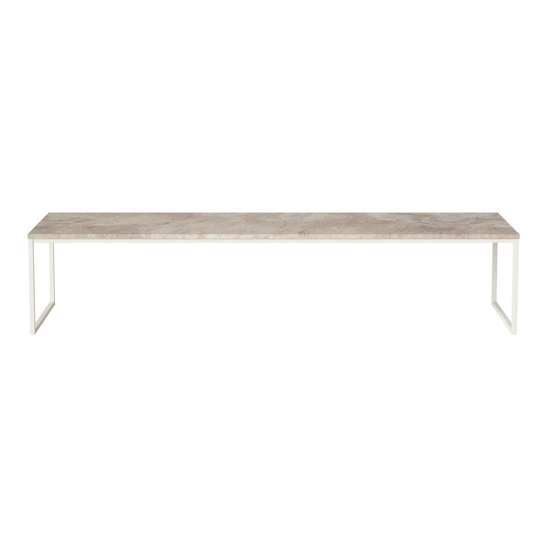 Long, rectangular table with a textured gray top and clean white metal legs. Simple and modern design.