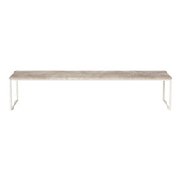 Long, rectangular table with a textured gray top and clean white metal legs. Simple and modern design.
