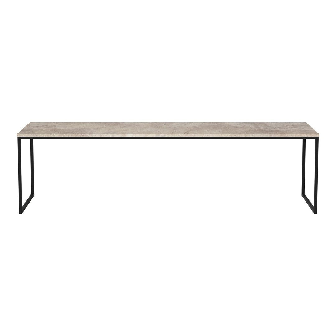 Long rectangular table with a gray marble top and sleek black metal legs, showcasing a modern minimalist design.