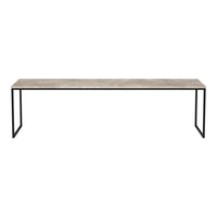 Long rectangular table with a gray marble top and sleek black metal legs, showcasing a modern minimalist design.