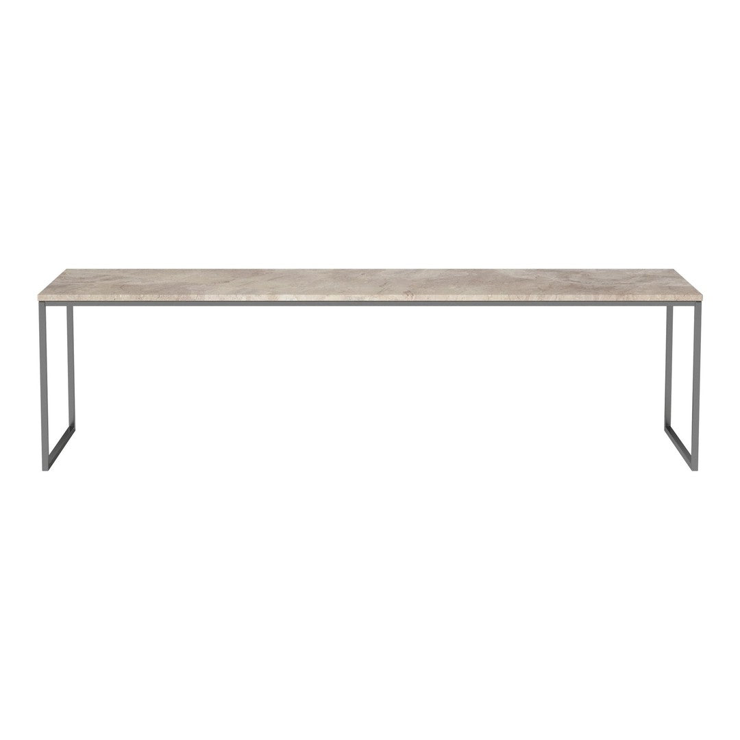 "Modern long bench with a light gray wood finish and sleek black metal legs, featuring a minimalist design."