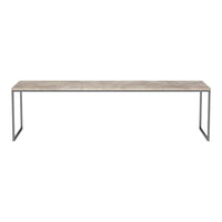 "Modern long bench with a light gray wood finish and sleek black metal legs, featuring a minimalist design."