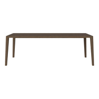 Brown rectangular dining table with a smooth, matte finish and minimalist design, featuring straight legs.
