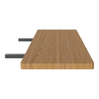 Wooden tabletop with a natural oak finish and a smooth, minimalist design complemented by sleek dark gray edges.
