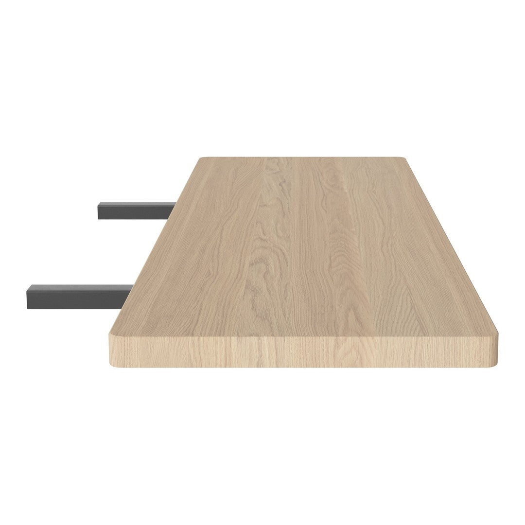 Light oak wood tabletop with a smooth grain pattern, featuring sleek black metal legs for a modern touch.