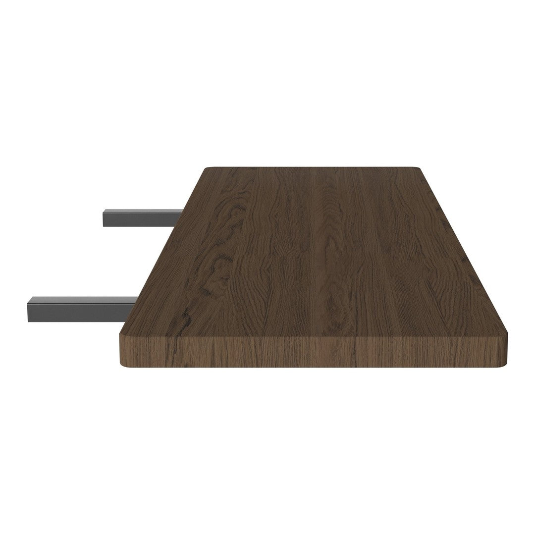 Dark wood grain tabletop with a smooth finish and contrasting minimal gray metal accents. Perfect for modern decor.