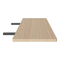 Light oak wood table surface with a smooth finish and subtle grain patterns, supported by sleek black metal legs.
