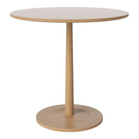 Light wood round table with a smooth surface and minimalist design, featuring a natural finish and simple circular base.