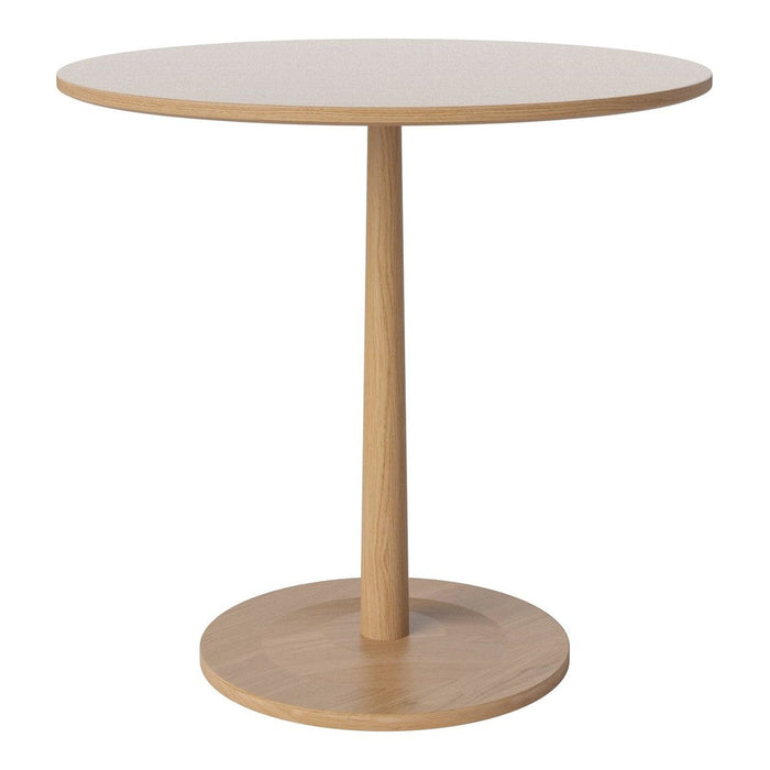 Light wood round table with a smooth surface and minimalist design, featuring a natural finish and simple circular base.