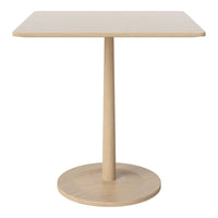 Light beige square table with a smooth surface and a circular base, showcasing minimalist design and natural wood grain.