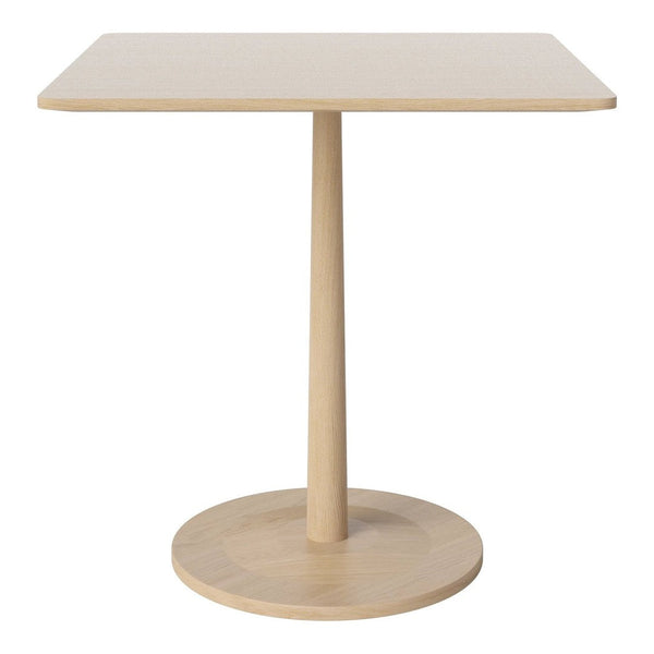 Light beige square table with a smooth surface and a circular base, showcasing minimalist design and natural wood grain.