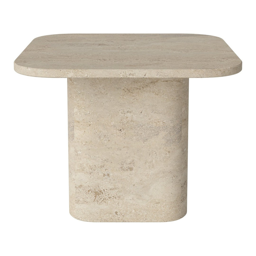 Beige stone table with a smooth, matte finish and subtle texture, featuring a square top and cylindrical base.