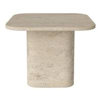Beige stone table with a smooth, matte finish and subtle texture, featuring a square top and cylindrical base.