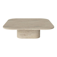 Light beige square coffee table with a smooth surface and rounded edges on a cylindrical base.