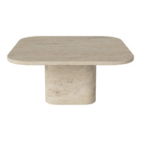 Neutral-toned square coffee table with a smooth, matte finish and soft rounded edges, featuring a minimalist design.