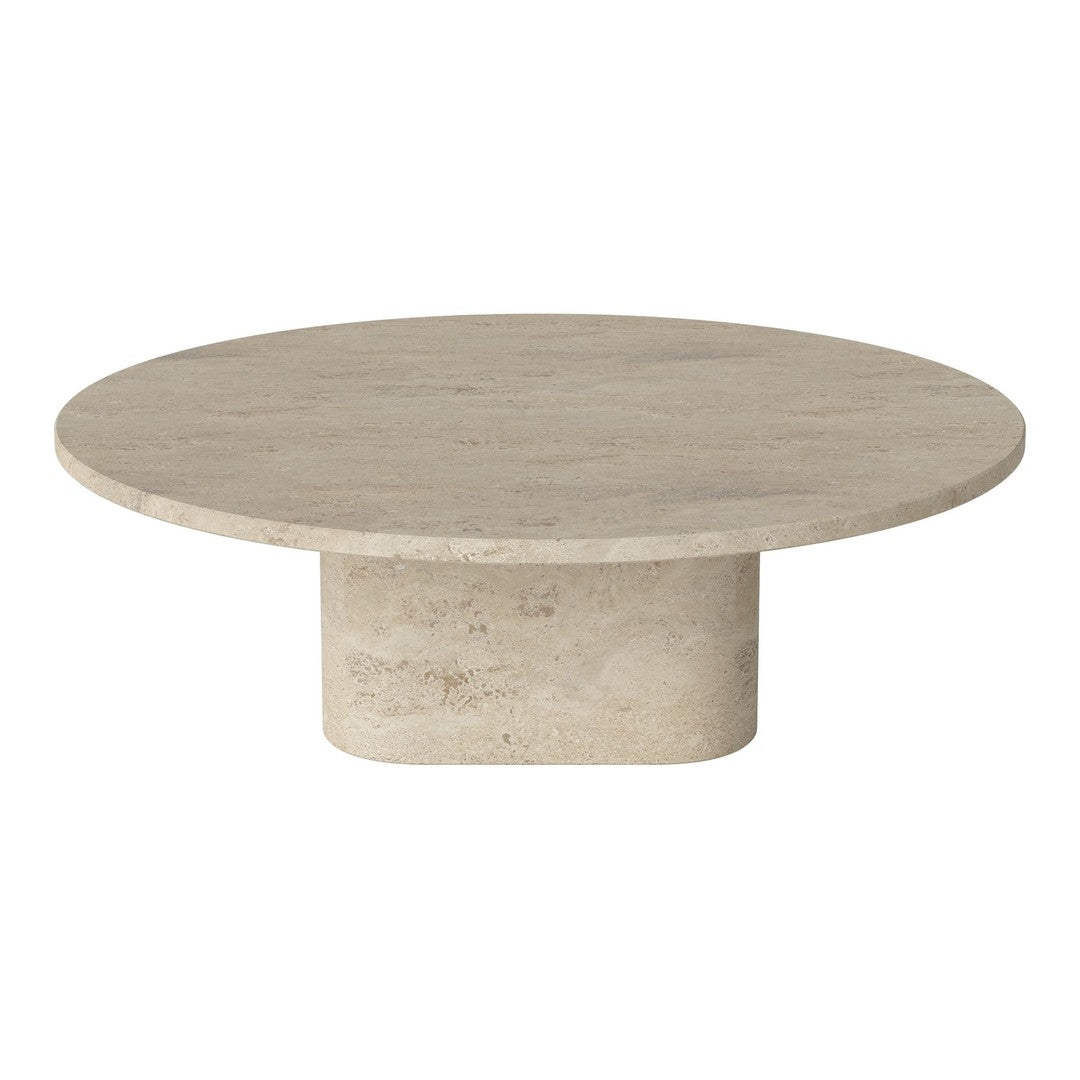 Round beige marble coffee table with a smooth, solid surface and cylindrical pedestal base. Ideal for modern interiors.
