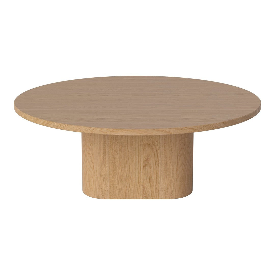 Round wooden coffee table in light oak finish with a smooth surface and cylindrical base design.