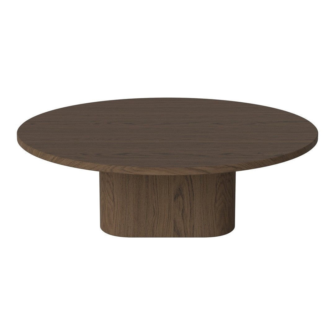 Round wooden coffee table in a rich dark walnut finish with a smooth, minimalist design.