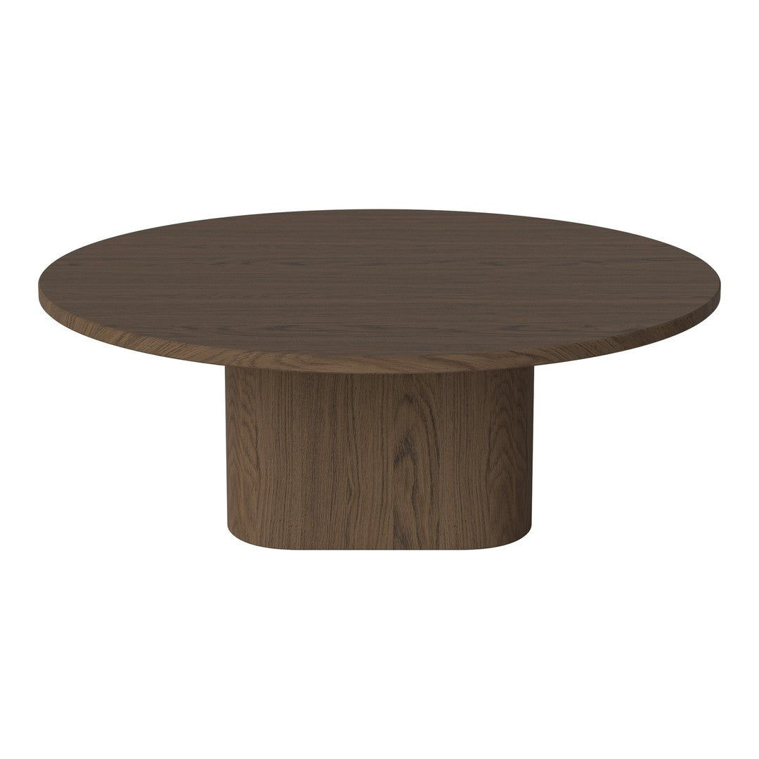 Round dark wood coffee table with a smooth finish and subtle grain patterns. Ideal for modern living spaces.