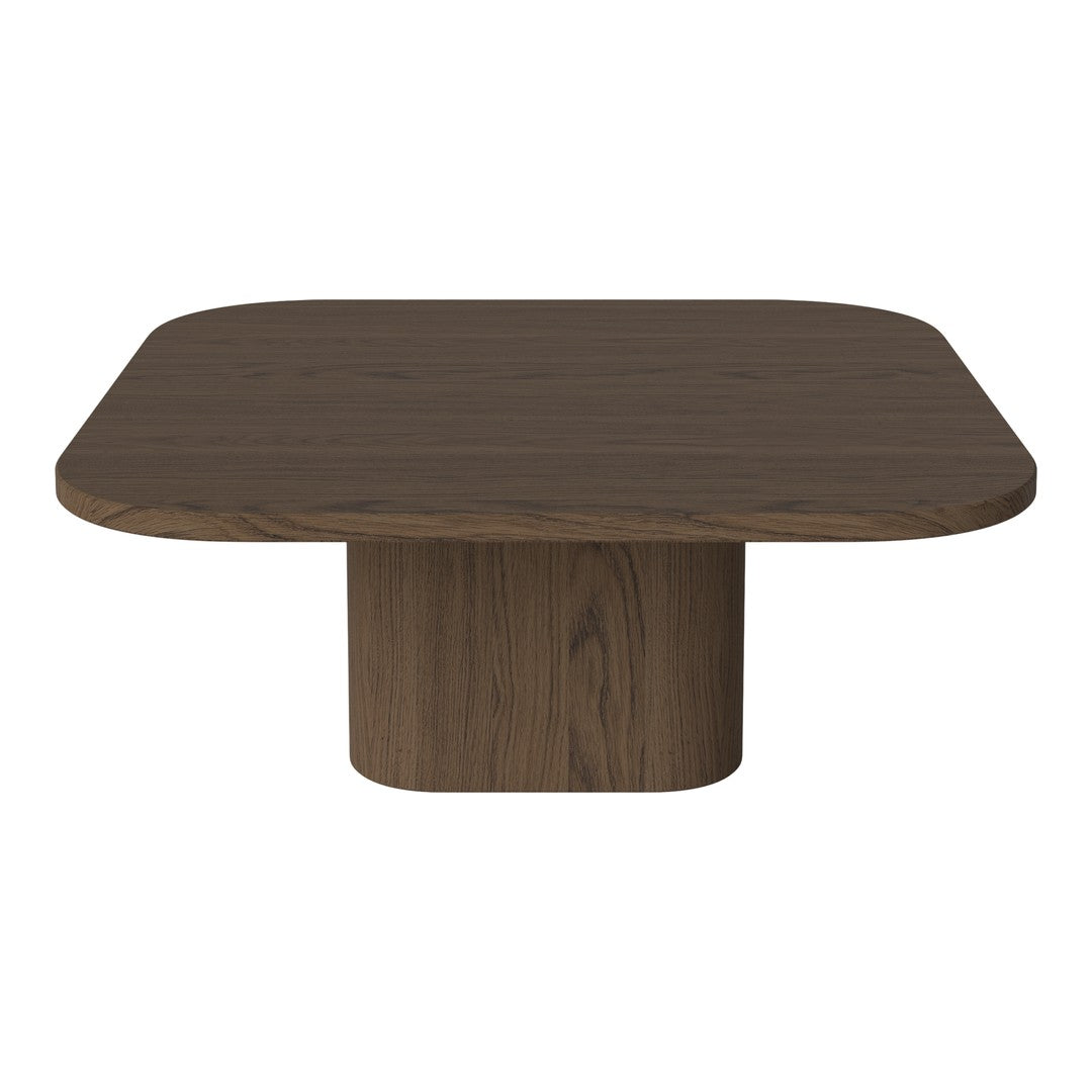 Square brown coffee table with a smooth finish and rounded edges, featuring a modern minimalist design.