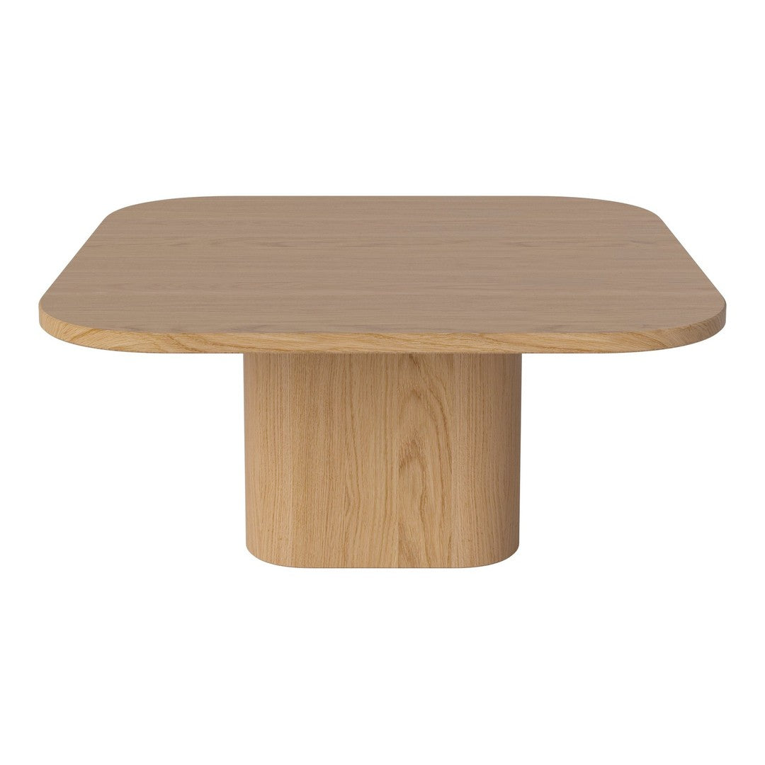 Light wood square table with a smooth surface and rounded edges featuring a natural grain pattern.