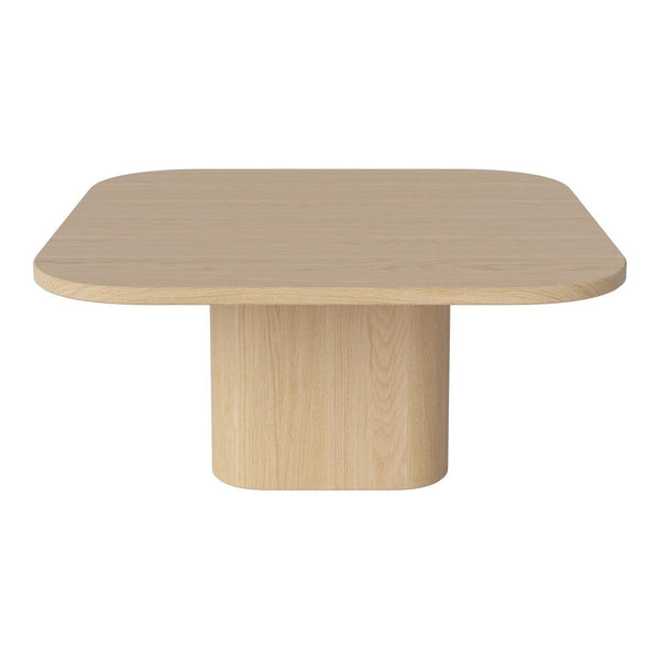 Light wooden square table with rounded edges and a simple, modern design. Neutral tones and smooth texture.