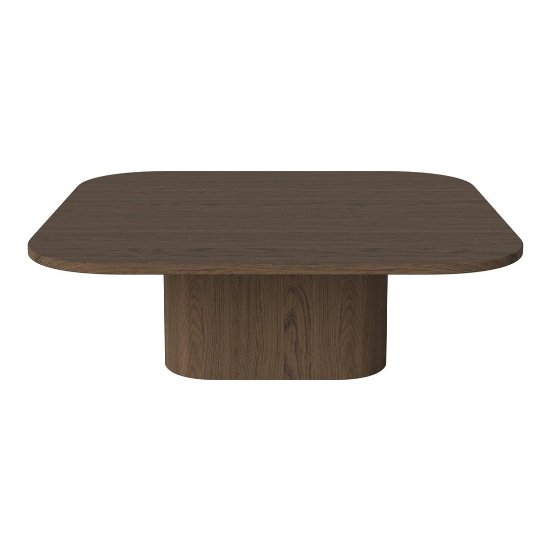 Square brown wooden coffee table with a smooth finish and rounded edges. Minimalist design, no visible patterns.