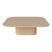 Light beige square coffee table with a smooth surface and rounded edges, featuring a minimalist design and subtle wood grain.